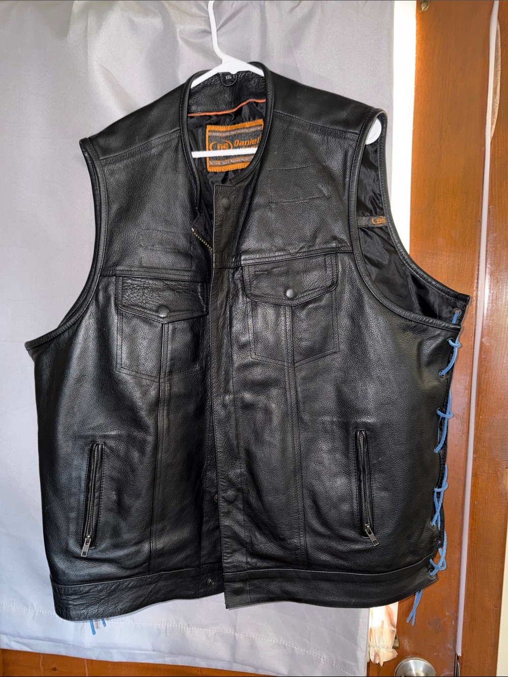Daniel Black Leather Biker Vest with Blue Side Lacing